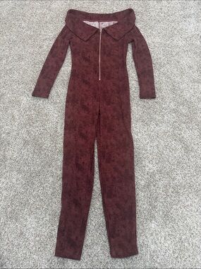 SHEIN Burgundy Off-Shoulder Long Sleeve Jumpsuit with Front Zip